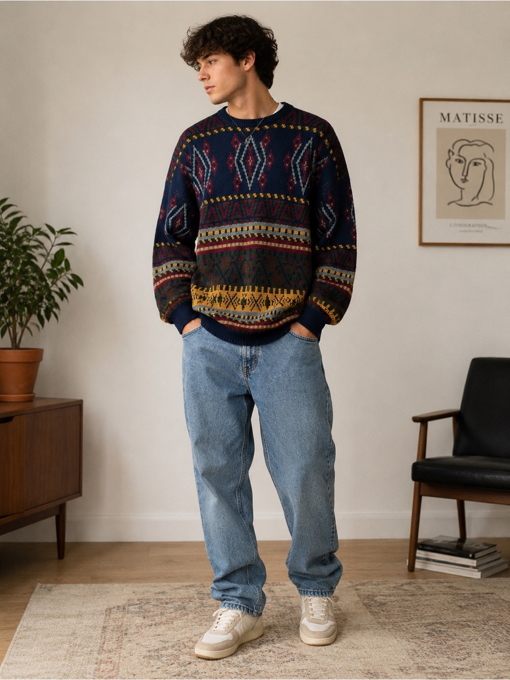 Vintage BADGE Southwestern Knit Sweater Men’s XL Oversized Tribal Grandpa Core